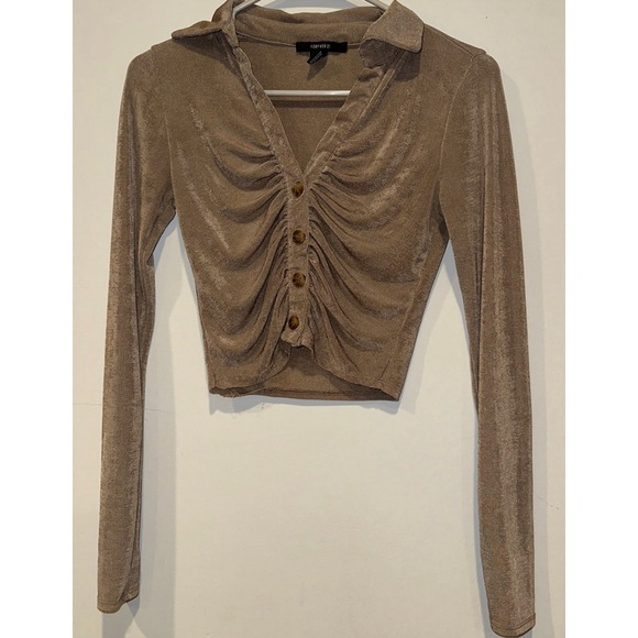 Forever 21 Long Sleeved Button Down Ruffled Gold Sparkle Crop Top - Picture 1 of 16